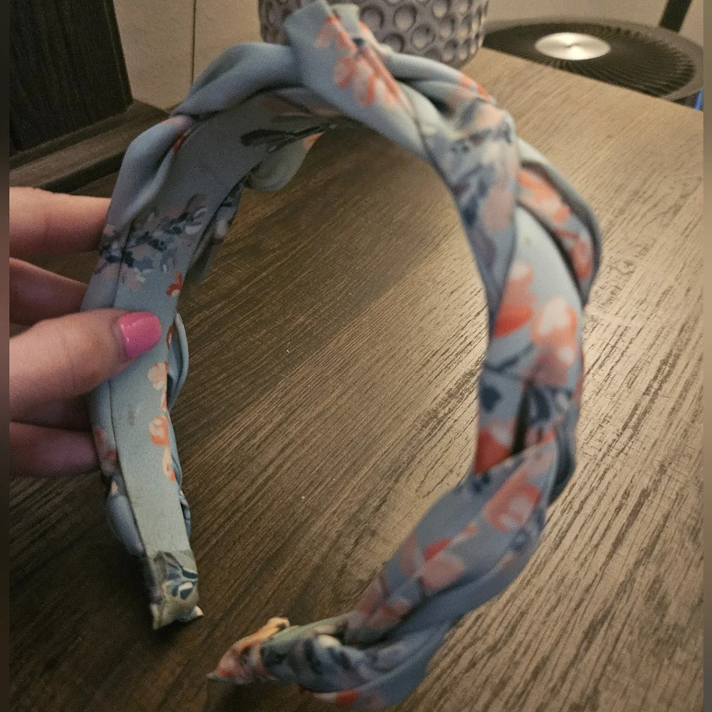 Light blue Braided Headband with Peach color Foral design